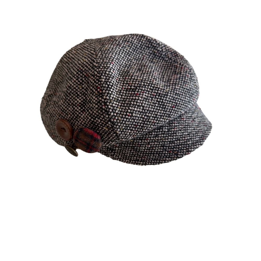 Gray Tweed Newsboy Cap Baker Boy Hat‎ Plaid Lined Button Detail Salt and Pepper